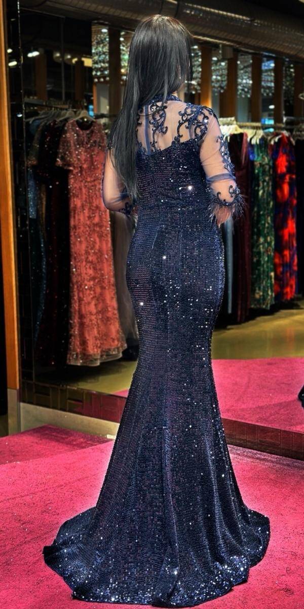 Navy Blue Feather Detailed Mermaid Skirt Velvet Sequin Long Evening Dress 6775 - 5