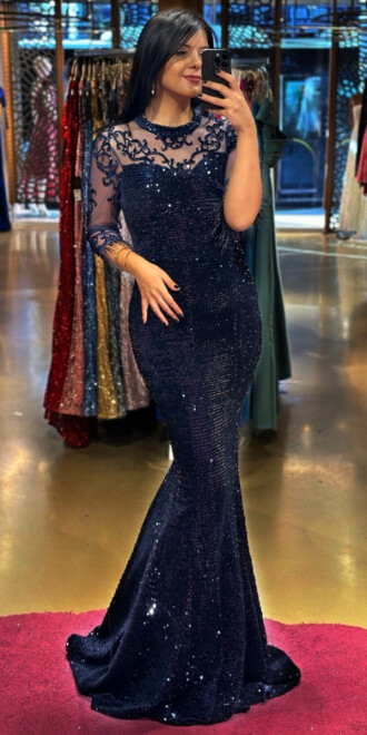 Navy Blue Feather Detailed Mermaid Skirt Velvet Sequin Long Evening Dress 6775 