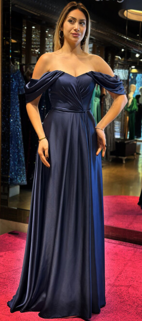 Navy Blue Flared Skirt Satin Long Evening Dress 7350 - 3