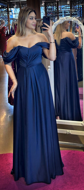 Navy Blue Flared Skirt Satin Long Evening Dress 7350 