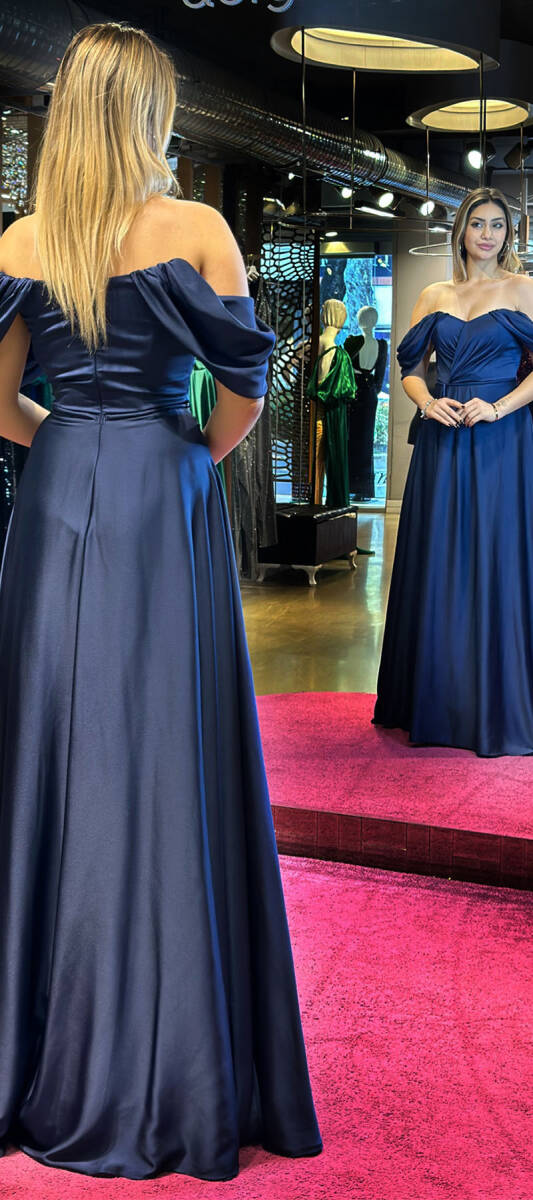 Navy Blue Flared Skirt Satin Long Evening Dress 7350 - 5