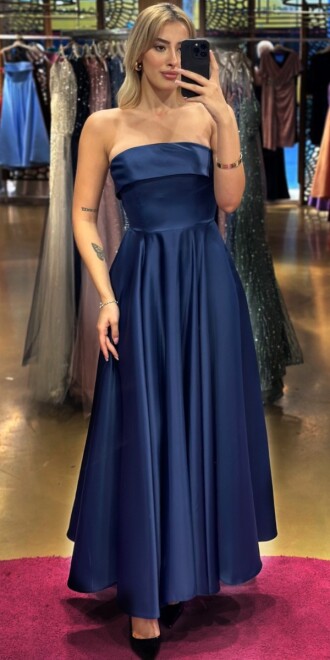 Navy Blue Flared Skirt Satin Midi Evening Dress 7647 