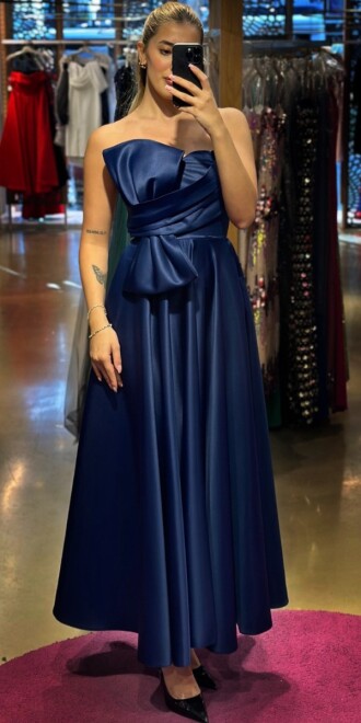 Navy Blue Flared Skirt Satin Midi Evening Dress 7657 - 1