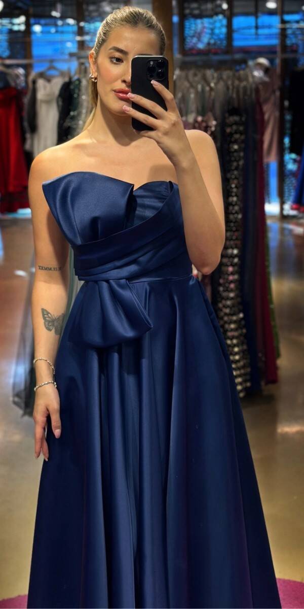 Navy Blue Flared Skirt Satin Midi Evening Dress 7657 - 2