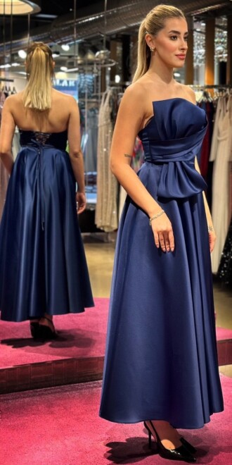 Navy Blue Flared Skirt Satin Midi Evening Dress 7657 - 3