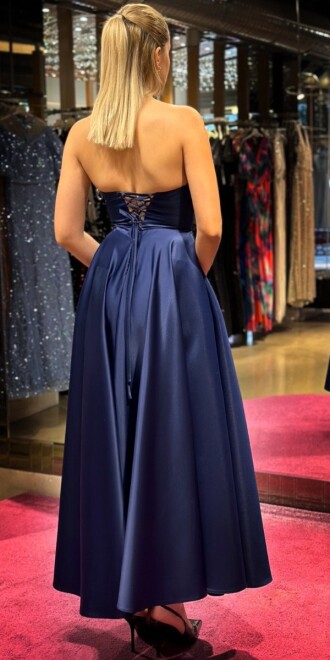 Navy Blue Flared Skirt Satin Midi Evening Dress 7657 - 5