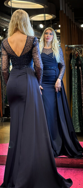 Navy Blue Long Sleeve Belted Mermaid Skirt Crepe Long Evening Dress 7440 - 5