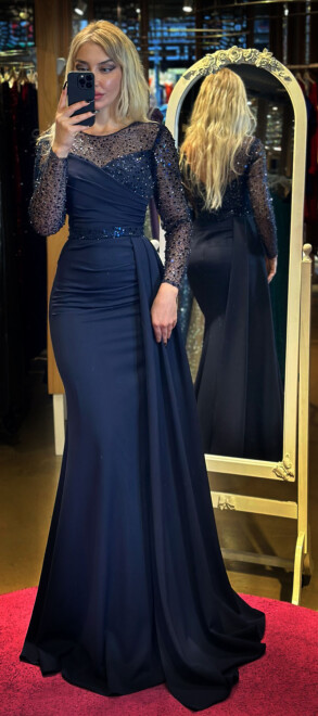 Navy Blue Long Sleeve Belted Mermaid Skirt Crepe Long Evening Dress 7440 