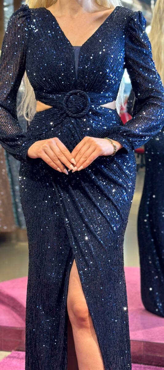 Navy Blue Long Sleeve Cut Out Waist Wrap Slit Straight Cut Sequin Long Evening Dress 7377 - 4