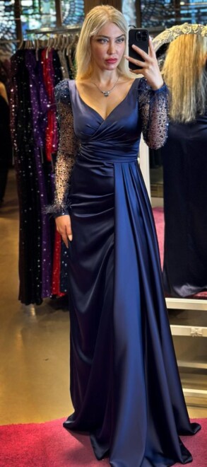 Navy Blue Long Sleeve Feather Detailed Slit Straight Cut Satin Long Evening Dress 7442 - 1