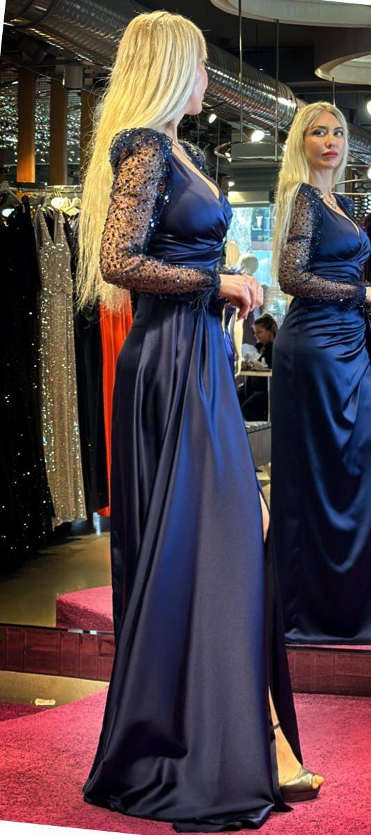 Navy Blue Long Sleeve Feather Detailed Slit Straight Cut Satin Long Evening Dress 7442 - 3