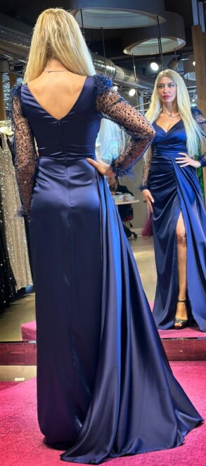 Navy Blue Long Sleeve Feather Detailed Slit Straight Cut Satin Long Evening Dress 7442 - 5