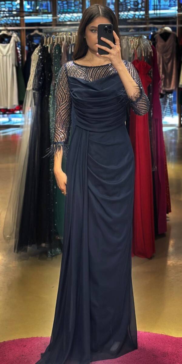 Navy Blue Long Sleeve Feather Detailed Slit Straight Cut Tulle Long Evening Dress 7669 - 1