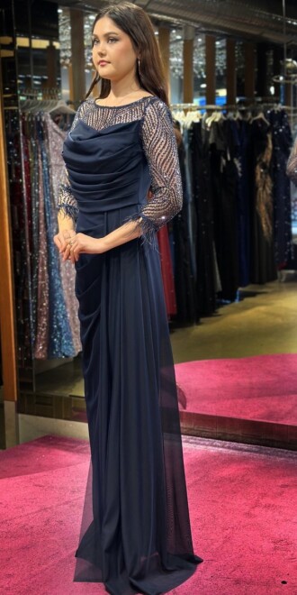 Navy Blue Long Sleeve Feather Detailed Slit Straight Cut Tulle Long Evening Dress 7669 - 3