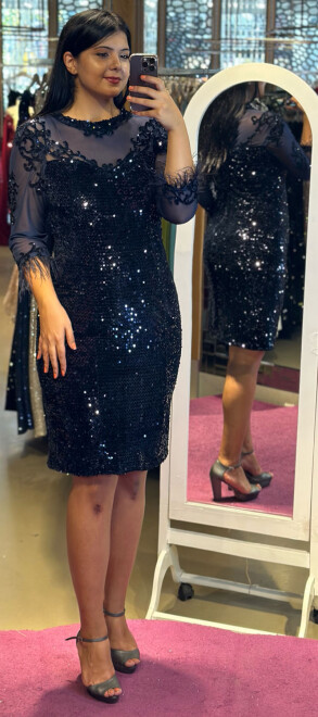 Navy Blue Long Sleeve Feather Detailed Velvet Sequin Short Evening Dress 7019 