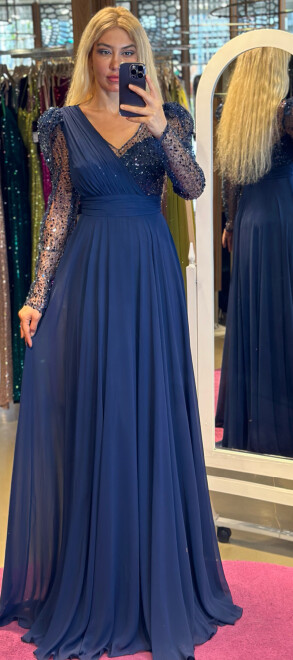 Navy Blue Long Sleeve Flared Skirt Chiffon Long Evening Dress 7417 