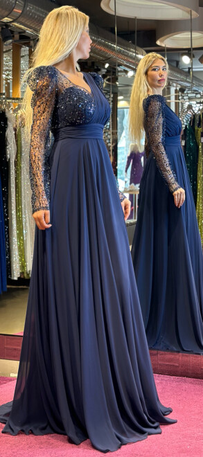 Navy Blue Long Sleeve Flared Skirt Chiffon Long Evening Dress 7417 - 3