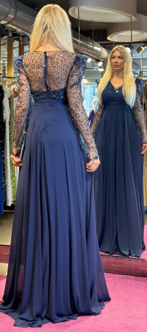 Navy Blue Long Sleeve Flared Skirt Chiffon Long Evening Dress 7417 - 5