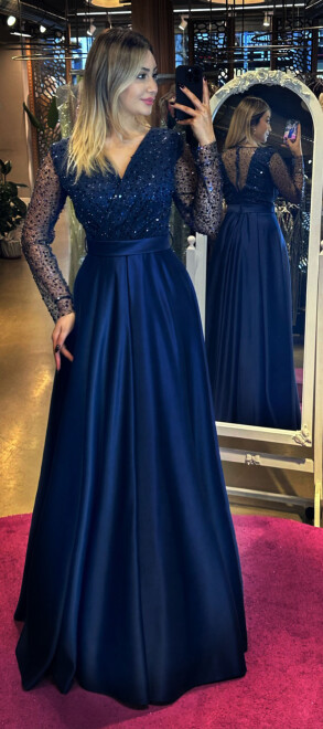 Navy Blue Long Sleeve Flared Skirt Satin Long Evening Dress 7453 