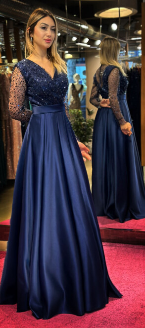 Navy Blue Long Sleeve Flared Skirt Satin Long Evening Dress 7453 - 3