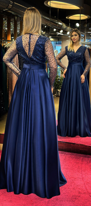 Navy Blue Long Sleeve Flared Skirt Satin Long Evening Dress 7453 - 5