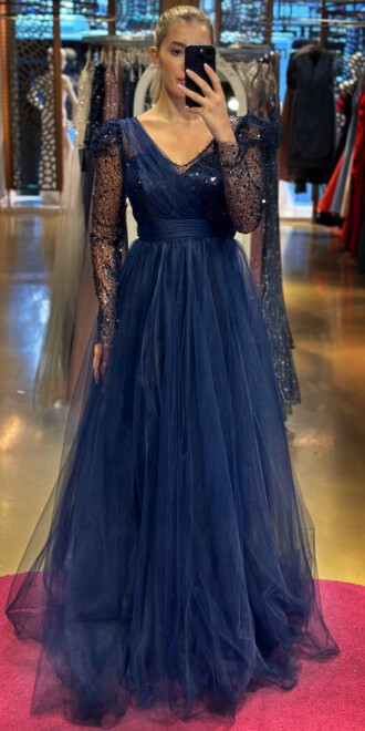 Navy Blue Long Sleeve Flared Skirt Tulle Long Evening Dress 7425 - 1