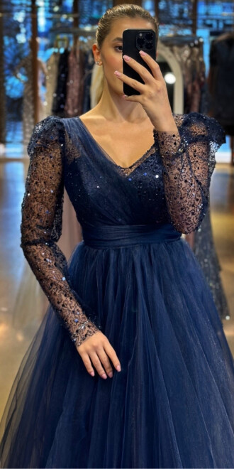 Navy Blue Long Sleeve Flared Skirt Tulle Long Evening Dress 7425 - 2