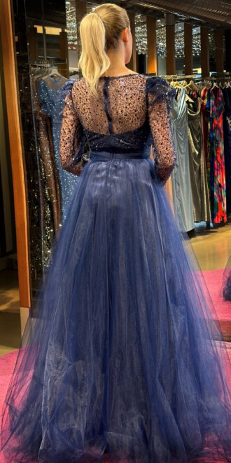 Navy Blue Long Sleeve Flared Skirt Tulle Long Evening Dress 7425 - 5