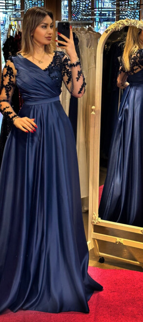 Navy Blue Long Sleeve Lace Detailed Flared Skirt Satin Long Evening Dress 7510 