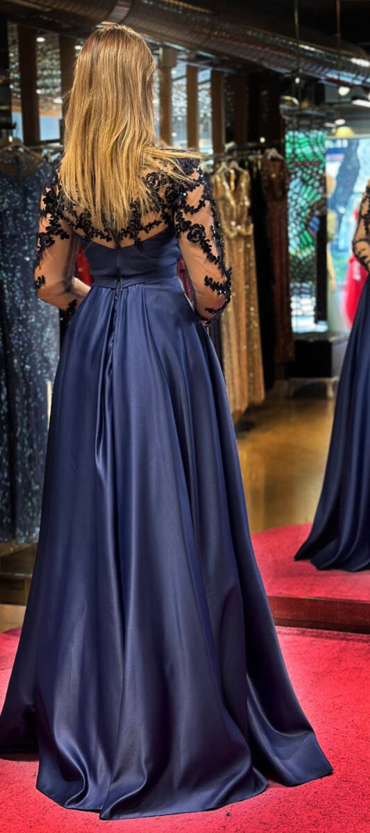 Navy Blue Long Sleeve Lace Detailed Flared Skirt Satin Long Evening Dress 7510 - 5