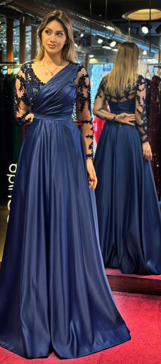 Navy Blue Long Sleeve Lace Detailed Flared Skirt Satin Long Evening Dress 7510 - 3