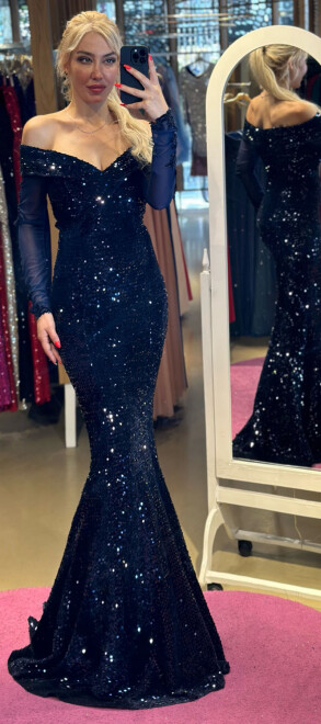 Navy Blue Long Sleeve Lace Detailed Mermaid Skirt Velvet Sequin Long Evening Dress 6840 