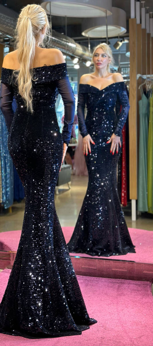 Navy Blue Long Sleeve Lace Detailed Mermaid Skirt Velvet Sequin Long Evening Dress 6840 - 5