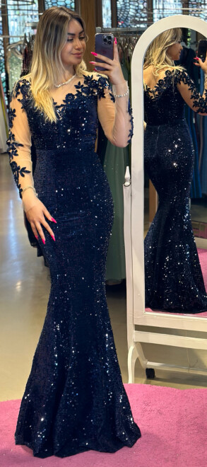 Navy Blue Long Sleeve Mermaid Skirt Sequin Long Evening Dress 7192 - 1