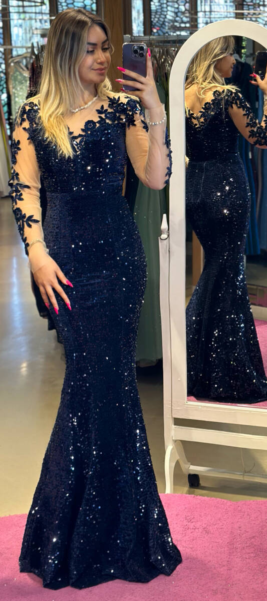 Navy Blue Long Sleeve Mermaid Skirt Sequin Long Evening Dress 7192 - 1