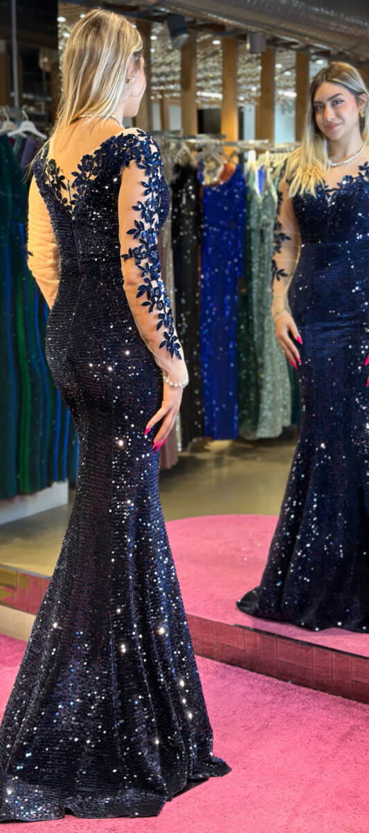 Navy Blue Long Sleeve Mermaid Skirt Sequin Long Evening Dress 7192 - 5