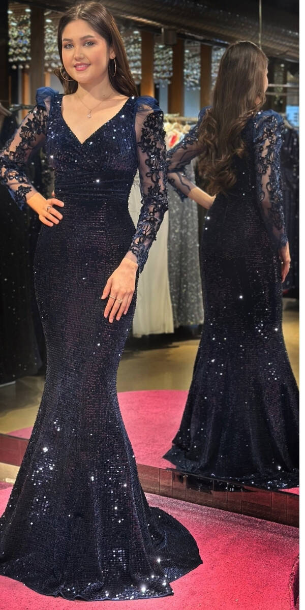 Navy Blue Long Sleeve Mermaid Skirt Sequin Long Evening Dress 7438 - 3