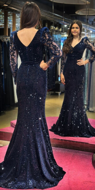 Navy Blue Long Sleeve Mermaid Skirt Sequin Long Evening Dress 7438 - 5