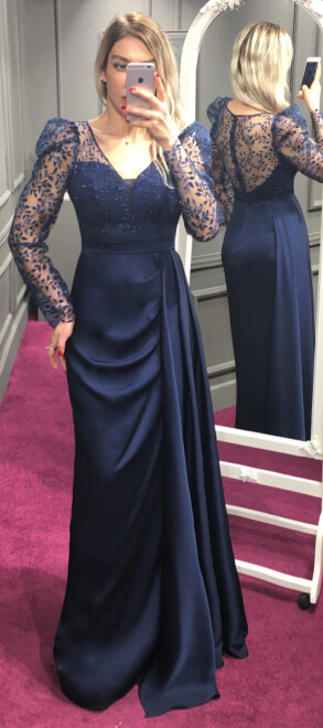 Navy Blue Long Sleeve Slit Straight Cut Satin Long Evening Dress 7244 