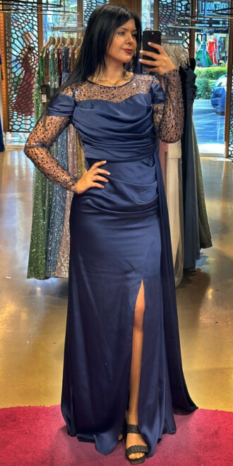 Navy Blue Long Sleeve Slit Straight Cut Satin Long Evening Dress 7602 