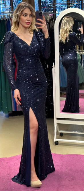 Navy Blue Long Sleeve Slit Straight Cut Sequin Long Evening Dress 7321 - 1