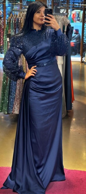 Navy Blue Long Sleeve Straight Cut Satin Long Evening Dress 7553 