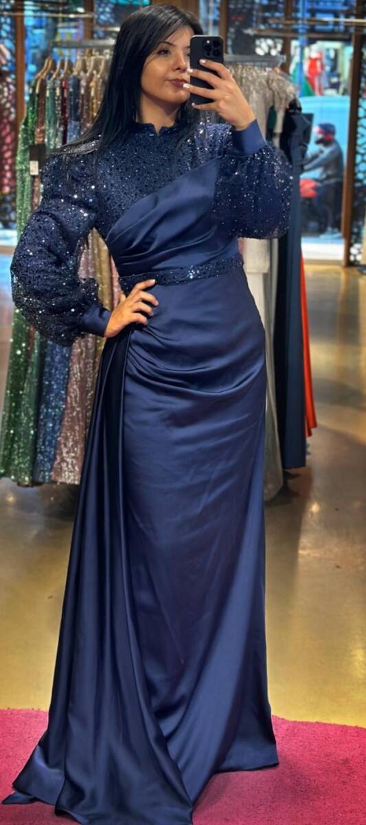 Navy Blue Long Sleeve Straight Cut Satin Long Evening Dress 7553 - 1