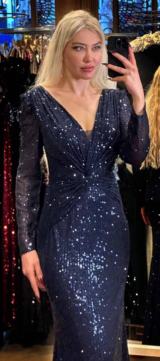 Navy Blue Long Sleeve Straight Cut Sequin Long Evening Dress 7470 - 2