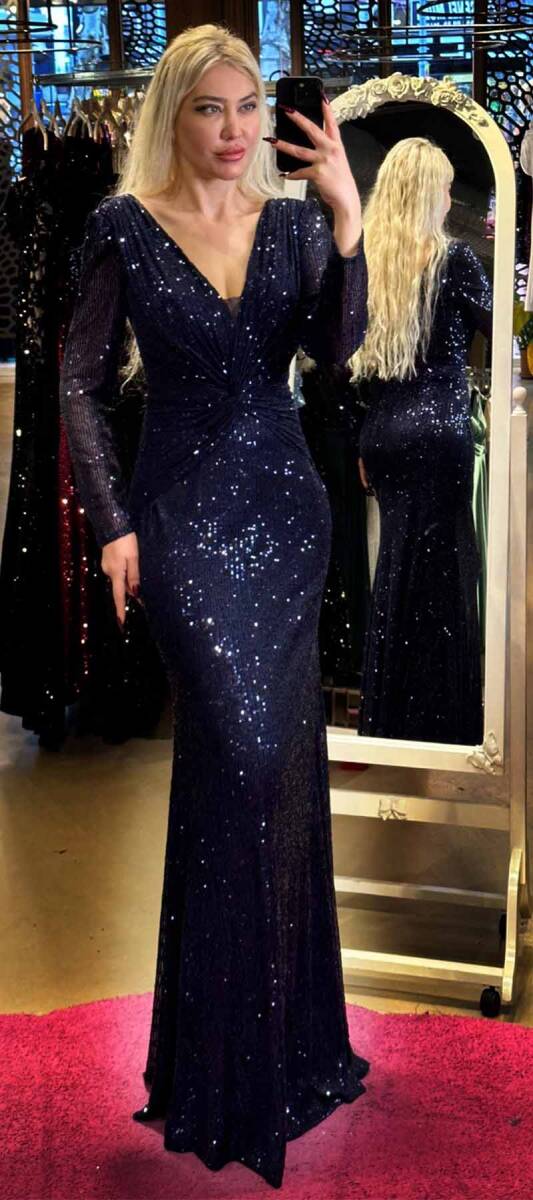 Navy Blue Long Sleeve Straight Cut Sequin Long Evening Dress 7470 - 1