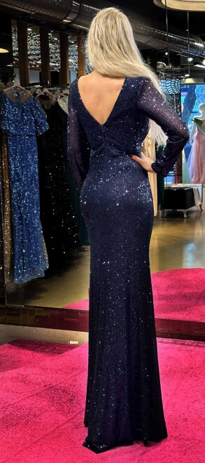 Navy Blue Long Sleeve Straight Cut Sequin Long Evening Dress 7470 - 5