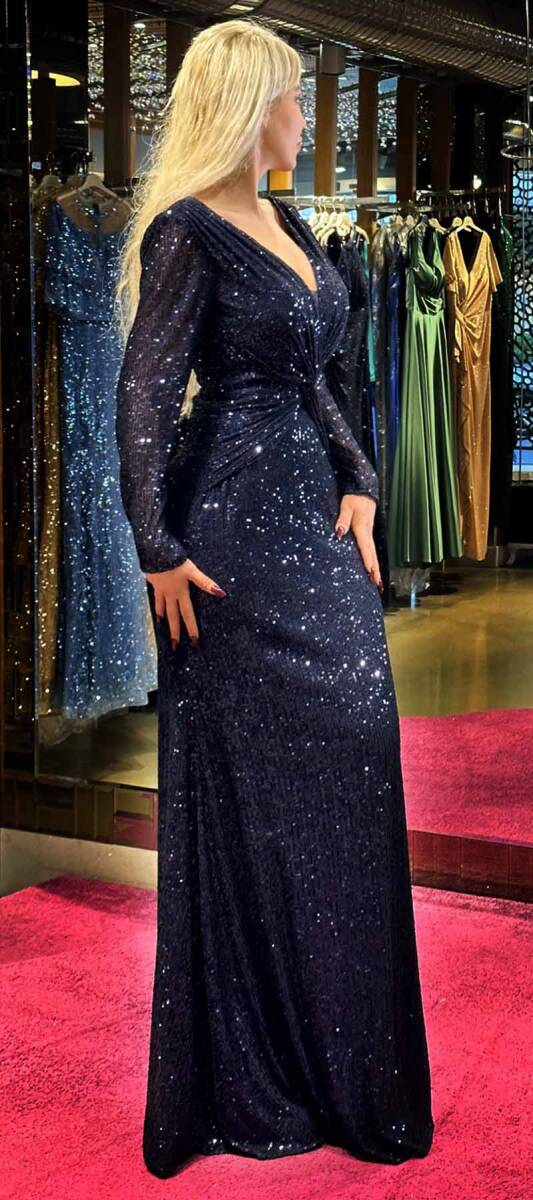 Navy Blue Long Sleeve Straight Cut Sequin Long Evening Dress 7470 - 3