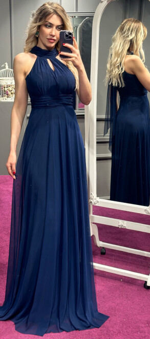 Navy Blue Low-Cut Back Flared Skirt Tulle Long Evening Dress 6034 - 1