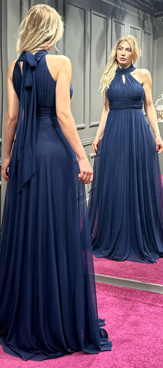 Navy Blue Low-Cut Back Flared Skirt Tulle Long Evening Dress 6034 - 4