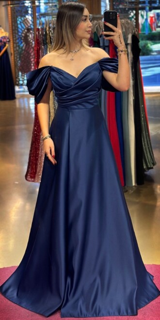 Navy Blue Low Sleeve Wrap Slit Flared Skirt Satin Long Evening Dress 7568 - 1